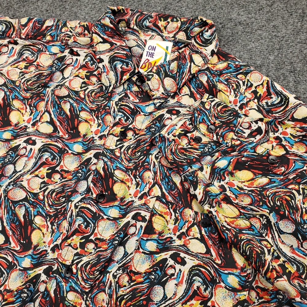 On The Brink 100% Silk Shirt Mens XL Abstract All Over Print Mulicolor Button Up